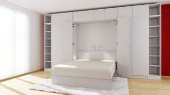 Sklápěcí postel Hajana1 v nábytkové sestavě do ložnice nebo pracovny, postel otevřená, barva bílá, panty 155°