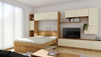 Sklápěcí postel Hajana 4 v nábytkové sestavě do obývacího pokoje, barva dub/almond, postel otevřená