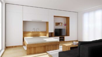 Sklápěcí postel Hajana 4 v nábytkové sestavě do obývacího pokoje, barva dub/bílá, postel otevřená