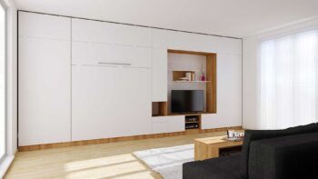 Sklápěcí postel Hajana 4 v nábytkové sestavě do obývacího pokoje, barva dub/bílá, postel zavřená