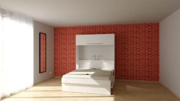 Sklápěcí postel Hajana 4 otevřená, barva bílá, v prázdné místnosti s cihlovou zdí