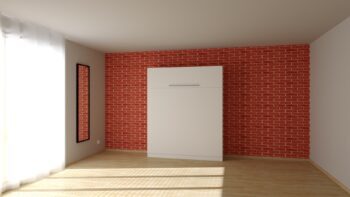 Sklápěcí postel Hajana 4 zavřená, barva bílá, v prázdné místnosti s cihlovou zdí