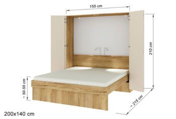 Rozměrové schéma sklápěcí postele H1-155-200x140-cm