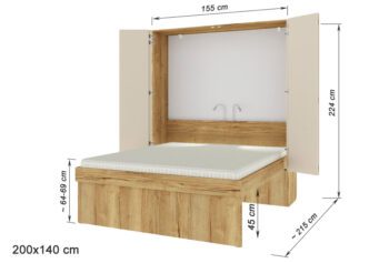 Rozměrové schéma sklápěcí postele H6-155-200x140-cm
